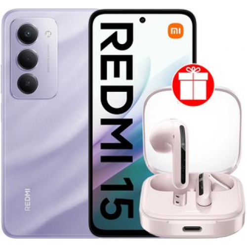 Телефон Xiaomi Redmi 15 4G 6GB/128GB международная версия (фиолетовый) + наушники Xiaomi Redmi Buds 6 Active M2344E1 (розовый) по акции